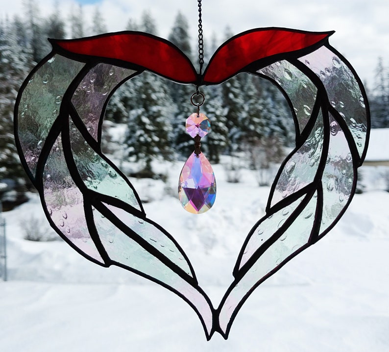 Stained Glass Sun Catcher Heart With Crystal. Handmade Etsy