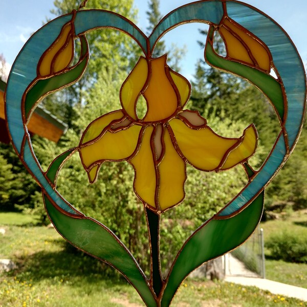 Stained Glass Yellow Iris with Heart.  Handmade