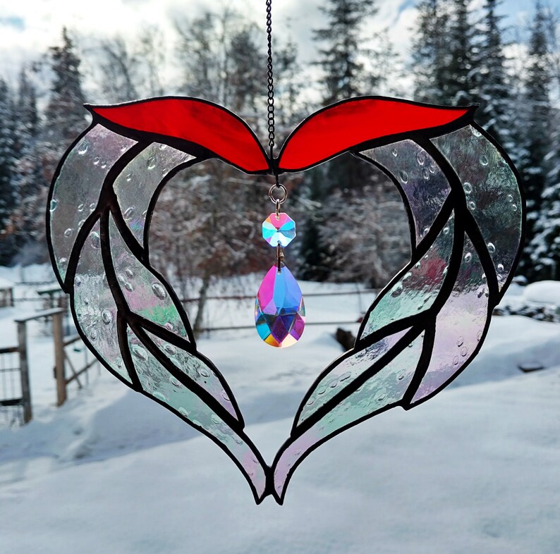 Stained Glass Sun Catcher Heart With Crystal. Handmade Etsy