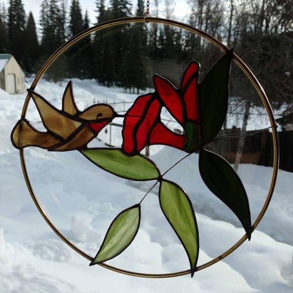 Stained Glass Sun catcher, Hummingbird in brass ring.  handmade, copper foil with copper patina