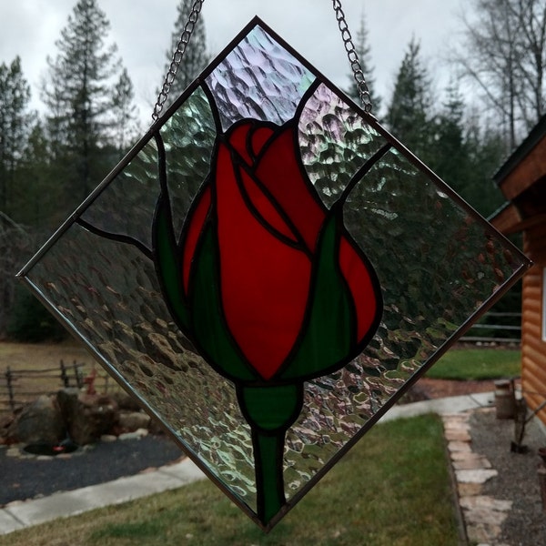 Stained Glass Sun catcher, Rose bud.  handmade, copper foil with black patina