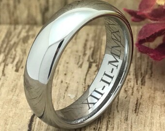 Anillo de boda de tungsteno grabado personalizado de 5,5 mm, anillo de tungsteno para hombre, alianza de boda, cúpula clásica, ajuste cómodo, regalo del Día del Padre