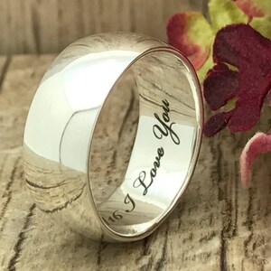 8mm Personalized Engrave Sterling Silver Wedding Ring, Promise Ring, 925 Sterling Silver Wedding Ring, Men's Wedding Band, Polish Finish image 1