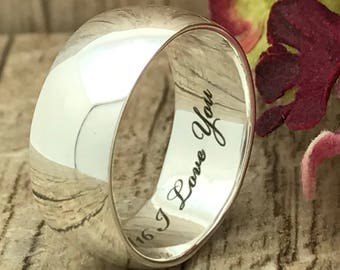 8mm Personalized Engrave Sterling Silver Wedding Ring, Promise Ring, 925 Sterling Silver Wedding Ring, Men's Wedding Band, Polish Finish