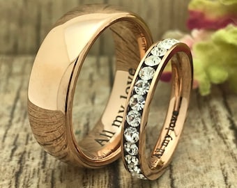 7mm/3mm His and Her Wedding Ring Set, Tungsten and Titanium Wedding Ring Band, Personalized Engrave Promise Ring, Couples Ring Sets TRB330