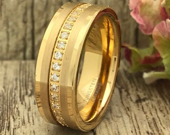 Anillo de boda de tungsteno chapado en oro de 8 mm, anillo de tungsteno chapado en oro amarillo personalizado, regalo para él, anillo de aniversario, ajuste cómodo