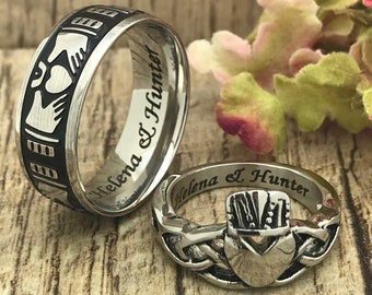 Claddagh Ring, His and Hers Claddagh Wedding Ring, Personalize Custom Engrave Stainless Steel Celtic Claddagh Ring, Couples Ring