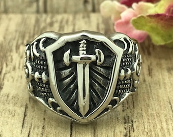 Cross Ring, Sword Ring,  Personalize Custom Engrave Oxidized Finish Stainless Steel Celtic Sword Ring, Men's Ring, Biker Ring