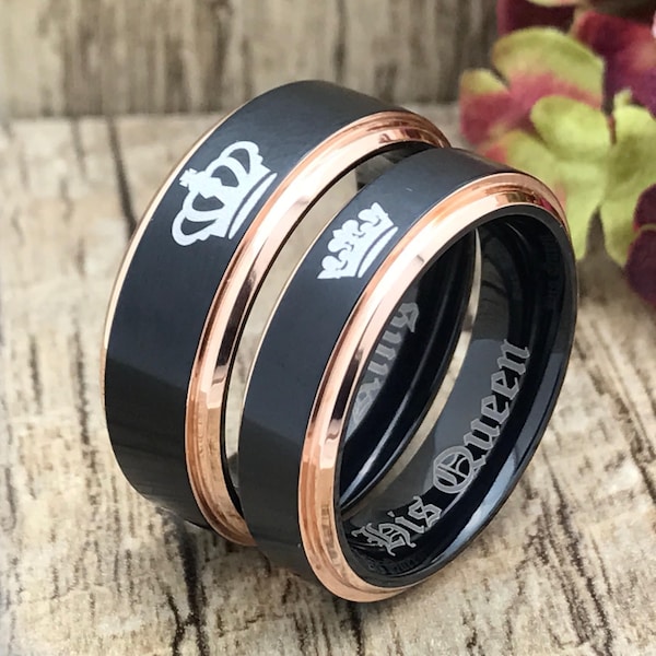 Bague en tungstène plaquée or rose et noir avec gravure personnalisée de 8 mm / 6 mm, bague de couples roi et reine, ensembles de bagues assorties IHWTCR540