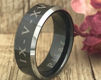 Personalized Engrave Roman Numeral Tungsten Ring, Two Tone Black Wedding Band Tungsten Ring, Father's Day Gift, promise Ring for Him-8mm