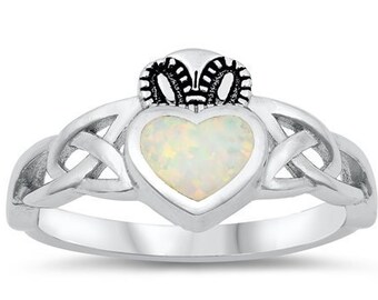 Celtic Claddagh Ring, Personalize Engrave Sterling Silver Claddagh Ring with Lab Opal, Love, Loyalty & Friendship Ring