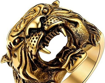 Tiger Ring Tiger Head Ring Gold IP Plated Stainless Steel Gothic Tiger Head Ring Mens Tiger Head ring Biker Ring for Men and Women