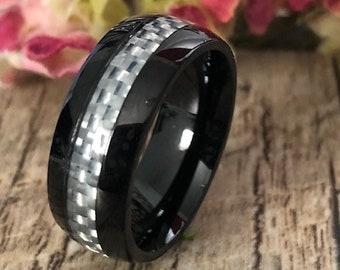 8mm Carbon Fiber Ring, Black Stainless Steel with Carbon Fiber Inlay, Classic Dome Wedding Ring, Gift For Husband and Father