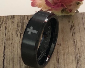 Cross Ring Personalize Titanium Wedding Ring, Black Plated Titanium Ring Titanium Wedding Band Men's Titanium Wedding Ring TRB328-B