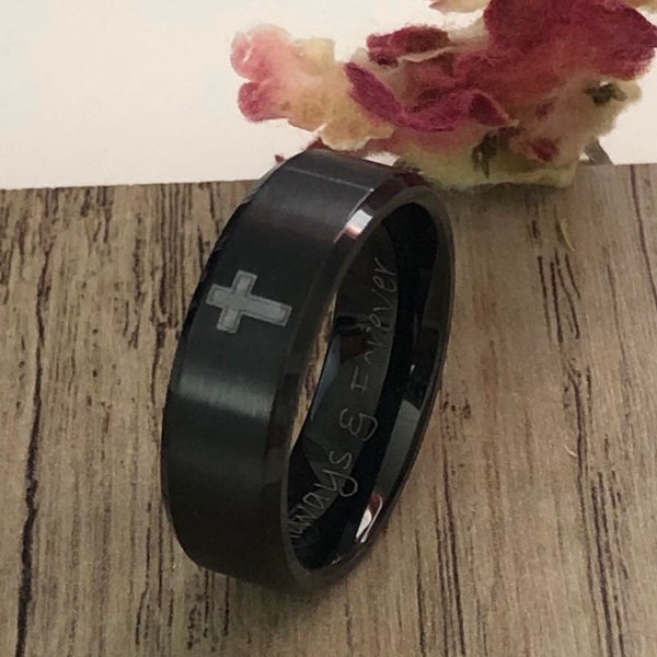 Cross Ring Personalize Titanium Wedding Ring, Black Plated Titanium Ring Titanium Wedding Band Men's Titanium Wedding Ring TRB328-B