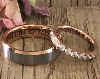 Anillo de boda de titanio y tungsteno de 6 mm / 3 mm, banda de anillo de boda de eternidad para él y para ella, anillo de promesa de grabado personalizado, conjuntos de anillos para parejas TCR672