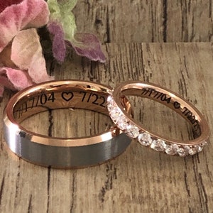 Anillo de boda de tungsteno y titanio de 6 mm/3 mm, banda de anillo de boda de eternidad para él y para ella, anillo de promesa grabado personalizado, conjuntos de anillos para parejas TCR672 imagen 1