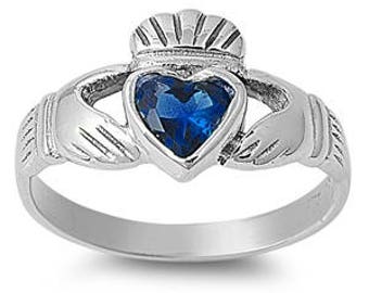 Blue Sapphire Claddagh Ring, Sterling Silver Claddagh Ring Irish Claddagh Ring Sterling Silver Claddagh Ring With Simulated Blue Sapphire