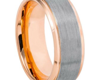 Tungsten Wedding Ring, Two Tone Rose Gold IP Plated Tungsten Wedding Ring, Men's Wedding Band,Hammered Ring,Comfort Fit,Anniversary Ring