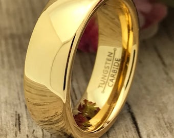 7mm Personalized Engrave Gold Plated Tungsten Ring, Gold Wedding Band Tungsten Ring, Tungsten Carbide Wedding Ring, Wedding Band Ring