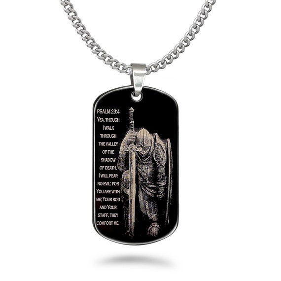 Psalm 23:4 Bible Verse Dog Tag Necklace Personalize Dog Tag Necklace,Stainless Steel Dog Tag Necklace Cross,Father's Day Gift  SSN551