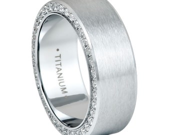 8mm Titanium Ring, Personalize Titanium Eternity CZ Ring, Custom Engraved Titanium Ring, Promise Ring Comfort Fit Ring