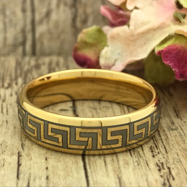 5mm Greek Key Ring Skinny Ring Gold Plated Tungsten Wedding Etsy