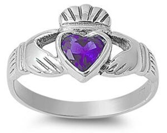 Free Engraving-Amethyst Claddagh Ring, Personalize Custom Engrave Sterling Silver Claddagh Ring With Simulated Amethyst,February Birthstone