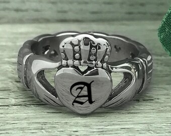 Irish Celtic Claddagh Ring, Personalize Custom Engrave Stainless Steel Celtic Claddagh Ring, Love Loyalty & Friendship Ring-SSR552