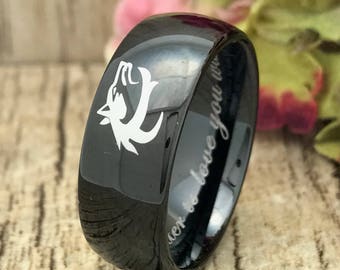 8mm WOLF Ring, Personalize Engrave Black Plated Stainless Steel Ring, Black Wedding Band, Stainless Steel Wedding Ring,Comfort Fit