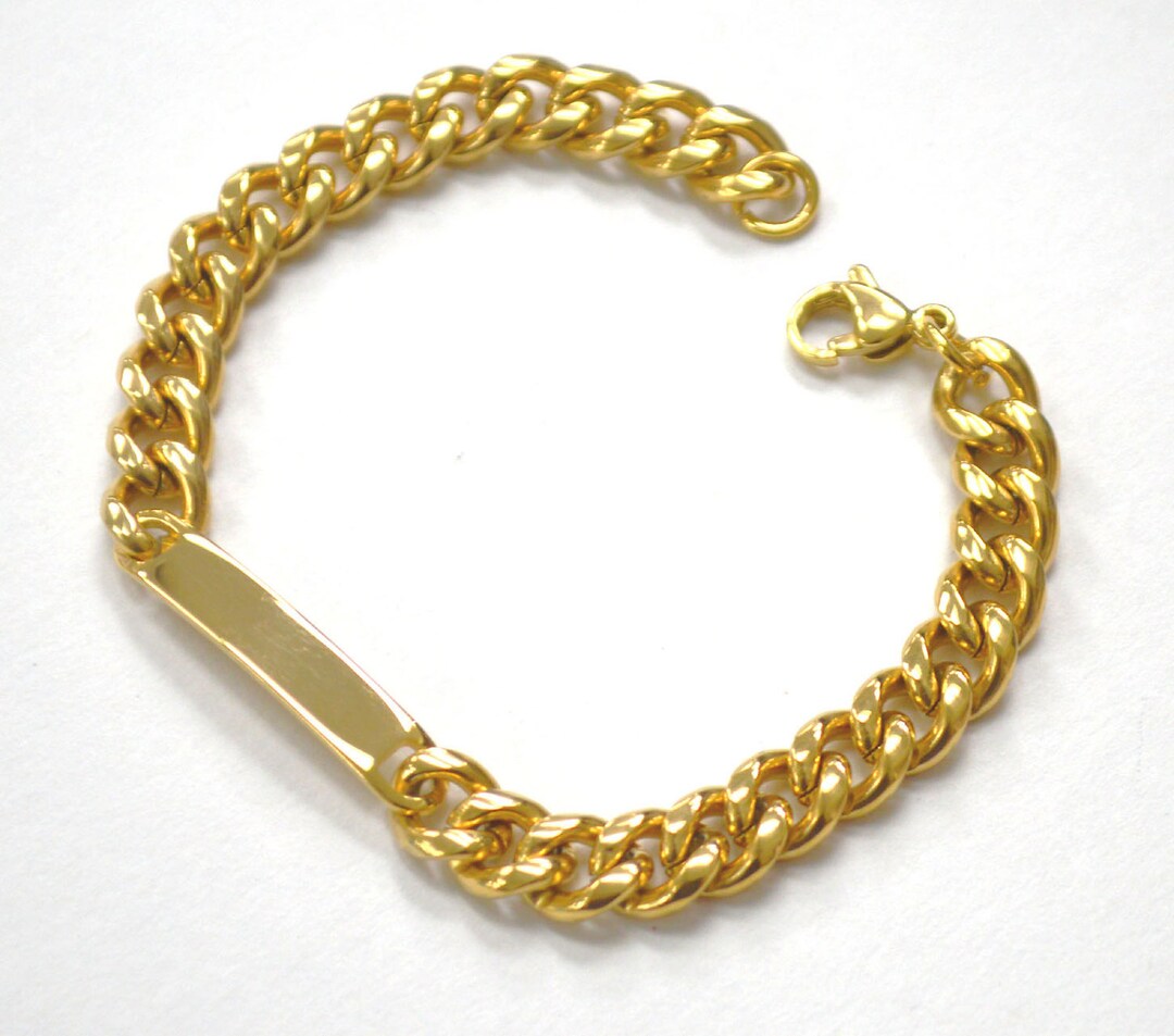 8mm Stainless Steel ID Bracelet for Men and Women, Gold Plated Curb