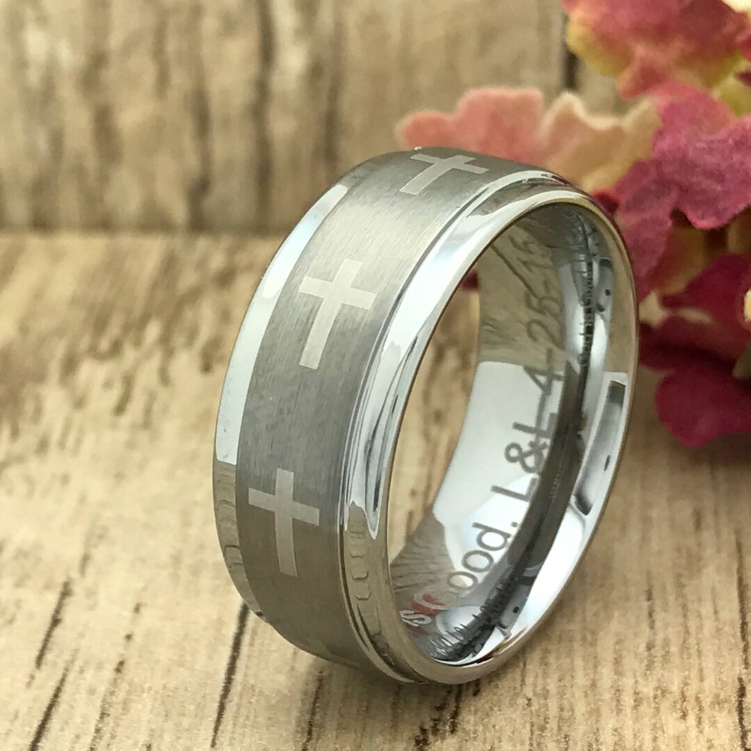 9mm Cross Ring, Tungsten Ring, Personalize Engrave Tungsten Ring, Men's