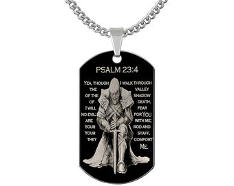 Psalm 23:4 Bible Verse Stainless Steel Dog Tag Necklace, Personalized Laser Engraved Dog Tag Necklace, Father's Day Gift, IHWSSN891