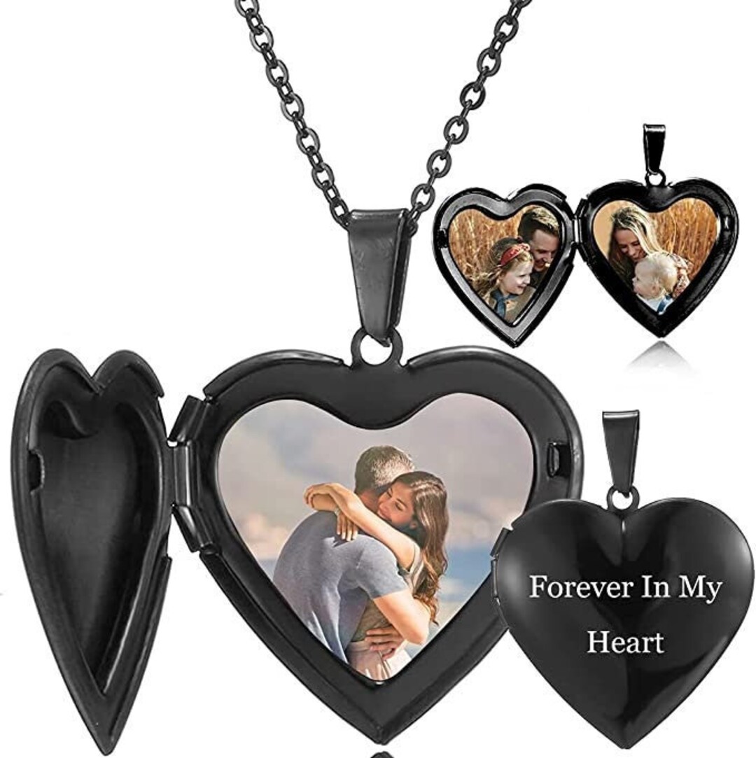 Love Heart Locket Necklace That Holds Pictures Polished Black Etsy