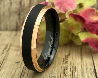 Anillo de tungsteno de 6 mm, anillo de tungsteno chapado en dos tonos grabado personalizado, banda de boda negra, anillo de boda de tungsteno, ajuste cómodo TCR587