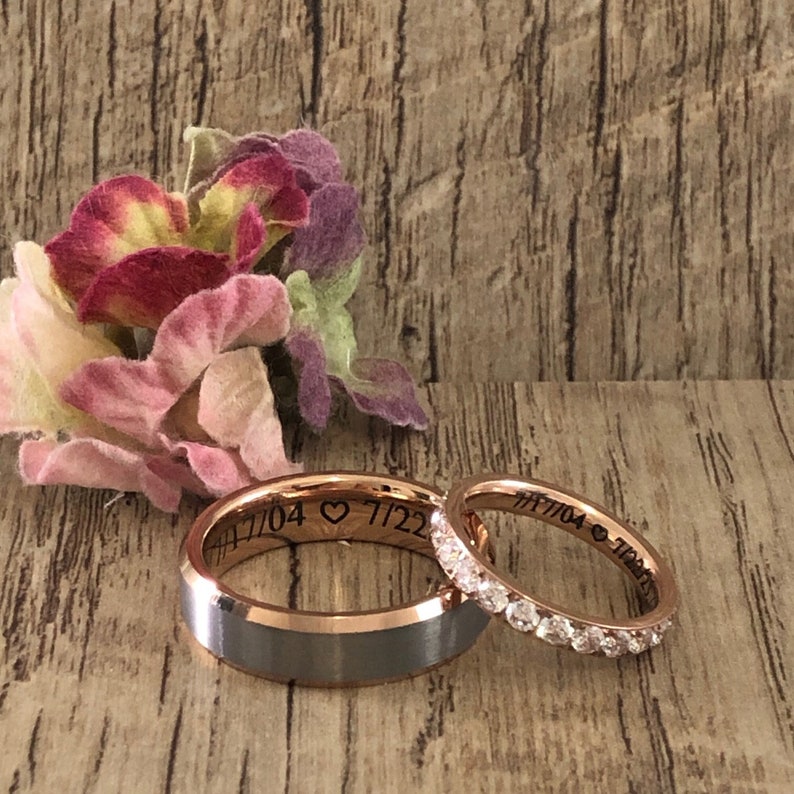 Anillo de boda de tungsteno y titanio de 6 mm/3 mm, banda de anillo de boda de eternidad para él y para ella, anillo de promesa grabado personalizado, conjuntos de anillos para parejas TCR672 imagen 1