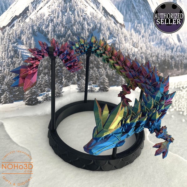 Articulated Crystal Dragon 3D Printed in Tri-Color Red, Green, and Blue with Opt Stand • Cinder Wing Dragon Gift Idea • Fidget Dragon Toy