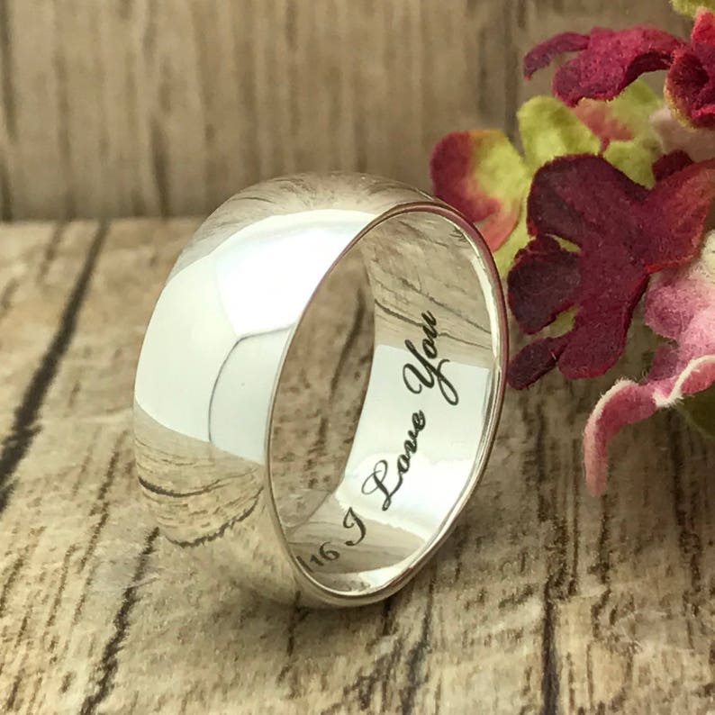 8mm Personalized Engrave Sterling Silver Wedding Ring, Promise Ring, 925 Sterling Silver Wedding Ring, Men's Wedding Band, Polish Finish image 1