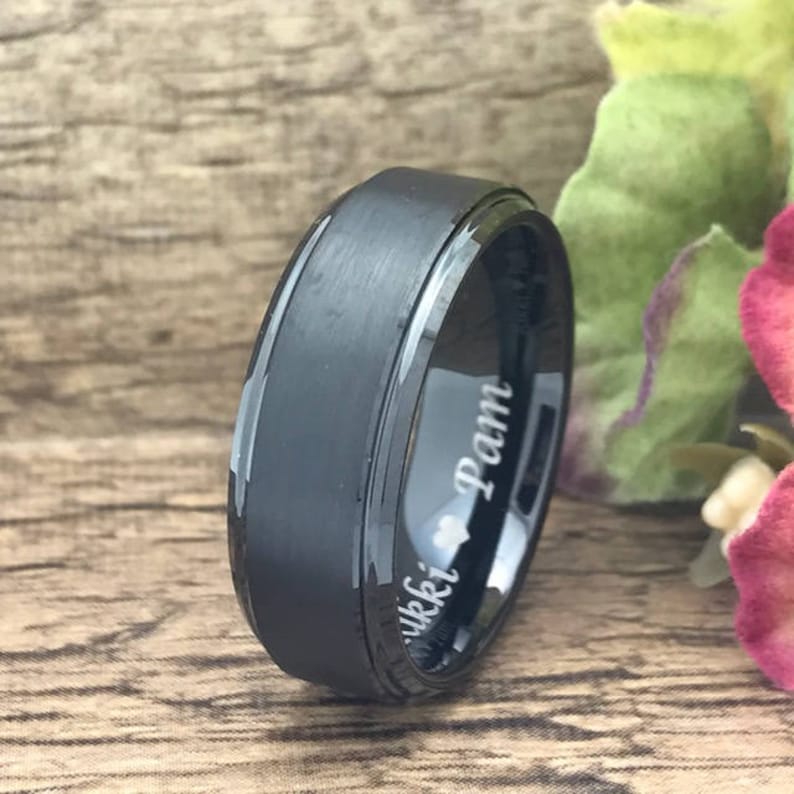Personalized Engrave Black Plated Tungsten Ring Black Wedding Band Tungsten Ring Tungsten Carbide Wedding Ring 8mm Black Tungsten Ring
