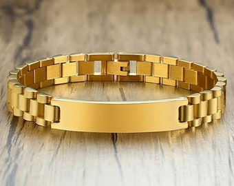 Gold Bracelet, ID Bracelet, Stainless Steel Gold Plated ID  Bracelet. Stainless steel bracelet for men and women 8 Inches