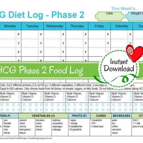 HCG Weekly Phase 2 Food Tracker Weight Loss Journal Diet - Etsy