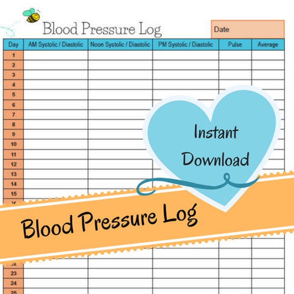 Monatliche Blutdrucktabelle - Systolischer / diastolischer Blutdruck - Blutdruckzahlen - Herzfrequenz-Log - Sofortiger Download