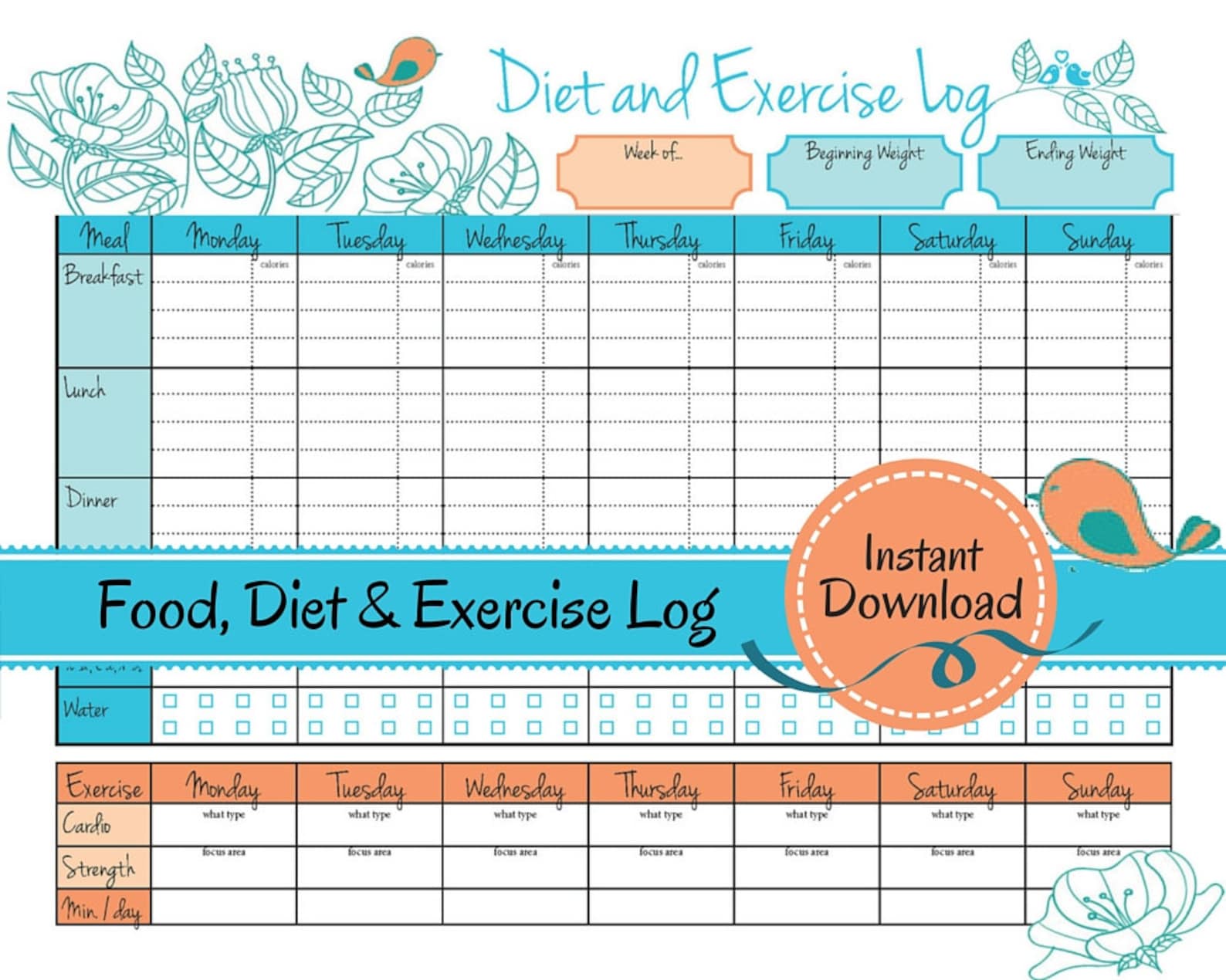 Weight Loss Journal Food Diet Exercise Log, Diet Log, Food Tracker