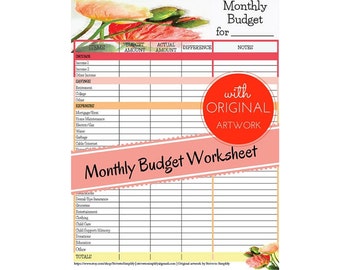 Monthly Budget Worksheet w/ Original Watercolor art, expense log, money spending budget tracker, bill manager, finance organization