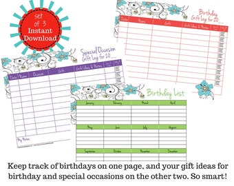 Set of 3 Birthday List, Birthday Gift Log, Special Occasion Gift Planner, Birthday Tracker, Gift Shopping List, Organizer, Instant Download