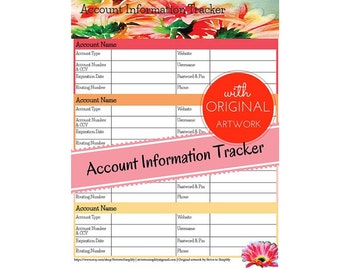 Account Information Tracker with Original Watercolor art, credit card keeper, bank account manager, financial organization, confidential