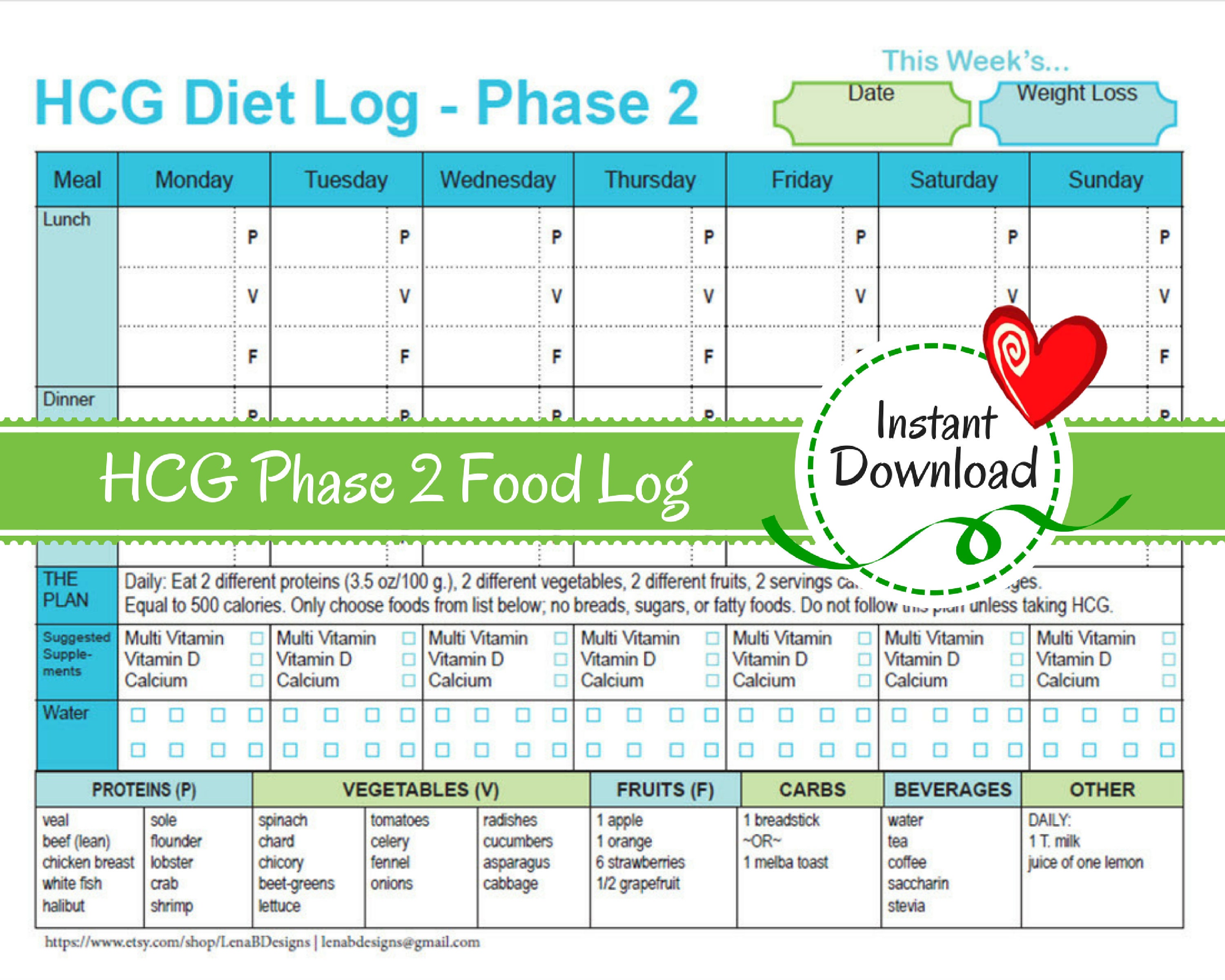 HCG Weekly Phase 2 Food Tracker Weight Loss Journal diet | Etsy