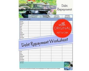 Debt Repayment Worksheet w/ Original Watercolor art, credit card balance log, debt tracker, payoff plan, bill tracker, finance organization