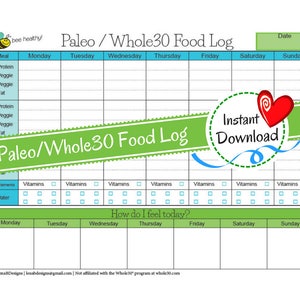 Paleo/Diario alimentare Whole30 - Programma dietetico Whole30 - Dieta W30 - Programma dietetico Paleo - Diario di perdita di peso - Diario alimentare - Diario di perdita di peso - Download istantaneo