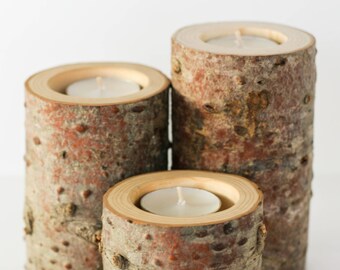 Wood Candle Holders - Set of 3, Home Decor, Wedding Decor, Rustic, Woodland, Reclaimed Wood, Fir Wood Candle Holders